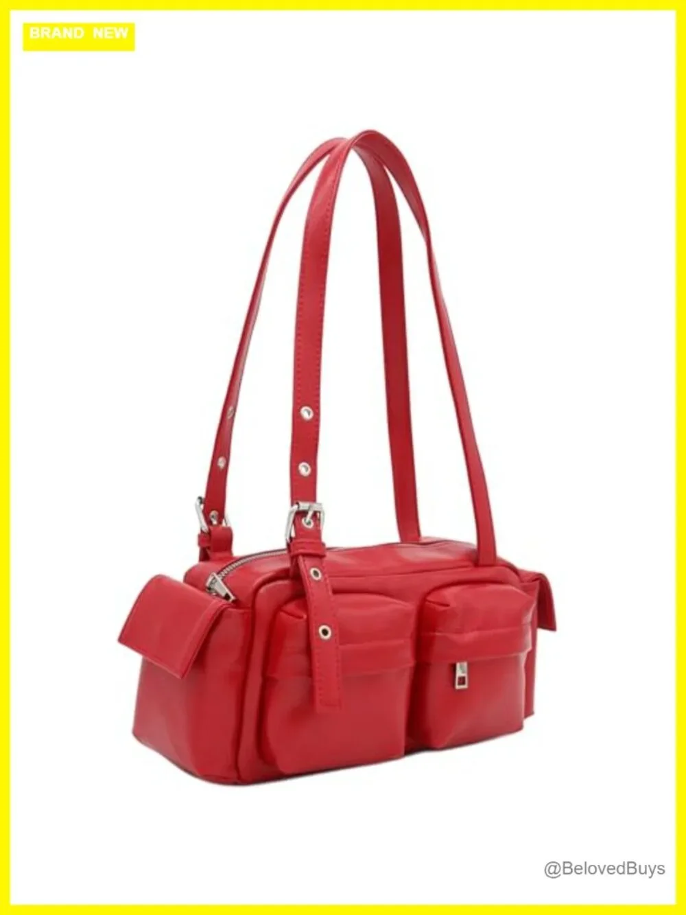 Glossy PU Leather Multi Pocket Shoulder Bag | Faux Leather Baguette